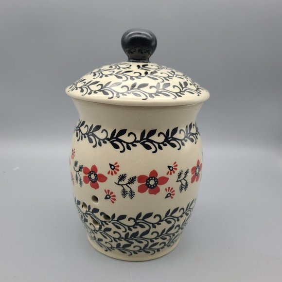 Polish Pottery Garlic and Onion Jar with lid 7" black red floral new - Picture 1 of 8